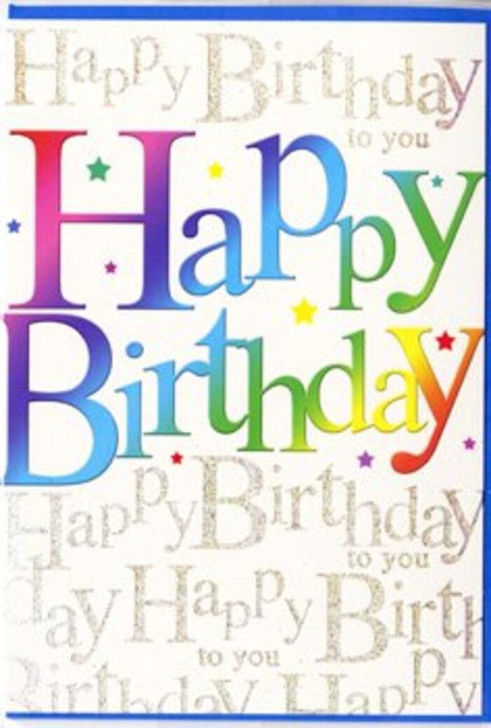 The image features a contemporary birthday card that radiates joy, like a burst of colour on a quiet shelf in a Norbiton home. Dominating the front is the phrase "Happy Birthday," spelled out in oversized, friendly letters that curve gently, each one cloaked in a silky gradient of colour. The tones move smoothly through the spectrum, starting with rich crimson and berry pink at one end, flowing through tangy orange and buttery yellow, then shifting into fresh spring greens, cool aquas, and ending in twilight purples and blues. This seamless blend creates the impression of a rainbow mist or the layered petals in a mixed bouquet carefully arranged by a local florist off Kingston Road. The surfaces of the letters appear velvety and soft, as though airbrushed with care, and a subtle shadowing helps them stand out from the backdrop, giving a touch of depth without feeling heavy. Lightly scattered around are tiny, multicoloured stars and dots, like the flicker of fairy lights at a birthday tea in a Norbiton garden. Behind this central greeting, the background is elegantly filled with the words "Happy Birthday to you" repeated in looping, golden script. The handwriting is fine and decorative, with each curve and swirl delicately formed, resembling metallic ink gently brushed across the card. Under imagined soft overhead lighting, the gold glimmers tenderly rather than glaring, like afternoon light catching the tops of trees near Fairfield Park. The combination of the bold, rainbow message and the refined golden script gives the card a layered personality-playful and modern at first glance, yet with an undercurrent of warmth and sincerity. It feels like a thoughtful choice to accompany same-day birthday flowers in Norbiton, adding a spark of colour and affection to the celebration.