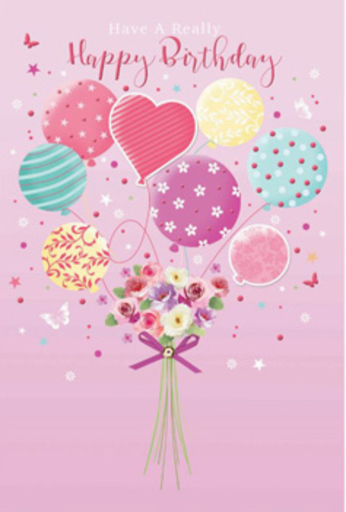 Artistic birthday card illustration portraying a bouquet of pastel balloons lifting a charming floral posy, echoing the gentle, neighbourly feel of Norbiton's residential streets. The background is a soft, powdery pink that sets a calm yet festive tone, like the sky at first light over nearby Kingston Hospital gardens. From the centre, a generous cluster of balloons rises, their shapes rounded and slightly overlapping to form a floating canopy of colour. Each balloon is individually decorated: some shimmer with fine stripes in rose and lemon, others are dotted with playful polka patterns, and a few display whimsical floral prints and delicate swirls. The colours range from pale fuchsia and lavender to sea green and buttery yellow, all harmonising in a pastel palette that feels soothing and happy. Below this airy cluster, a hand-tied bouquet anchors the composition. Small roses and daisy-like blossoms nestle together in creamy ivory and blush pink, with subtle transitions into mauve and soft coral at their petal tips, as though brushed with the last light of an evening walk along Gloucester Road. The petals appear gently layered and almost touchable, suggesting the fullness and freshness of flowers just arranged by a local Norbiton florist. Slender green stems are gathered at the base and wrapped with a sparkling purple ribbon, tied into a neat bow with trailing ends that curl and catch the imaginary light. Tiny butterflies and starlike accents dance around the bouquet and balloons, adding a fairy-tale touch and a sense of easy motion. The overall effect is of a tender, joyful birthday greeting - a visual promise of celebration, care, and affection that feels perfectly suited to being sent to loved ones across Norbiton.
