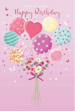 Dreamy birthday card artwork depicting a pastel balloon bouquet carrying a small, romantic arrangement of flowers, reminiscent of a cheerful delivery arriving at a Norbiton doorstep. The scene is set against a gentle pink background that suggests warmth and softness, like the glow of early afternoon light along nearby Coombe Road. Floating above, a cluster of balloons forms the heart of the design: rounded shapes in blush pink, seafoam green, lemon yellow, and lilac, each adorned with distinctive, playful patterns. Some balloons are wrapped in candy-like stripes, others scattered with tiny, dancing polka dots, while one stands out in a soft heart-shaped silhouette, radiating affection from the centre of the group. Their surfaces appear glossy and lightly reflective, suggesting the subtle shine of real party balloons. Beneath this colourful canopy, a bouquet of delicate roses and anemone-style blooms gathers at the base, their petals painted in creamy white, pale blush, and muted mauve tones that echo the colours above. The flowers are tightly clustered, with soft, feathery petals layered to create depth and a sense of touchable softness, as if freshly arranged in a Norbiton Florist workshop just off the main road. Slender stems are drawn together with a violet satin bow whose sheen and flowing tails add a refined finishing detail. Around the bouquet, tiny stars and butterfly motifs are scattered like confetti, enhancing the playful, celebratory mood. The composition feels light as a spring morning in a local park, capturing the essence of a birthday filled with joy, gentle surprise, and the thoughtful beauty of flowers and balloons shared close to home in Norbiton.